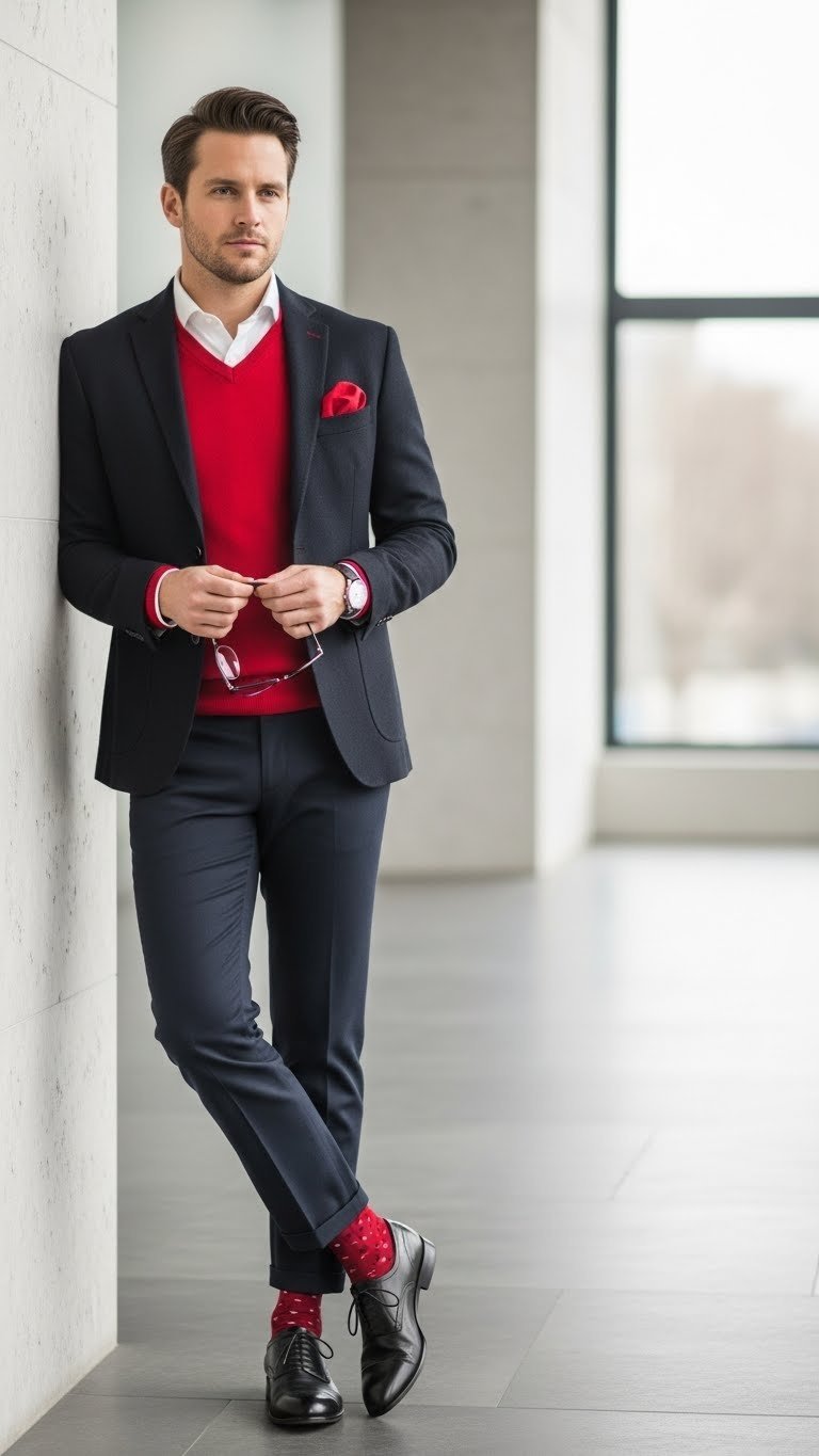 Stylish man wearing sophisticated outfit with vibrant red accent piece against minimalist backdrop for bold Valentine's statement