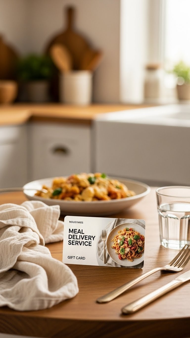 Stylish meal delivery service gift card accompanied by appealing pasta dish on rustic wooden table