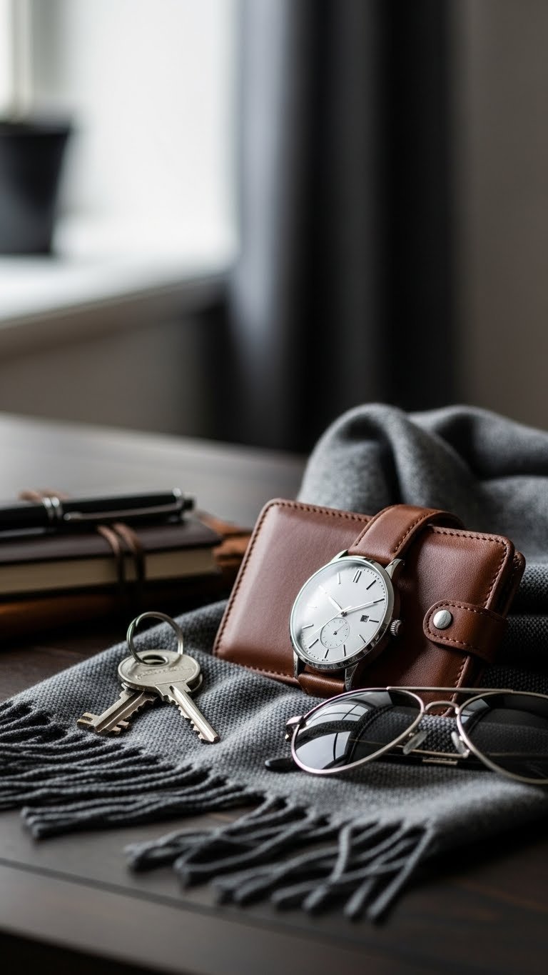 Stylish men's accessory like leather wallet displayed on dark wooden surface with elegant lighting