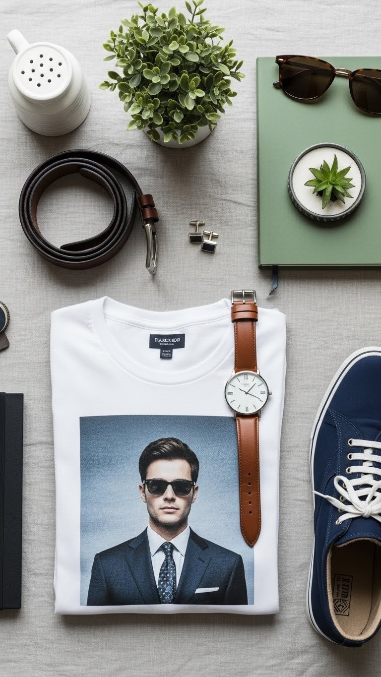 Stylish men's fashion collection including leather belt, watch, graphic tee, and cufflinks arranged in flat lay composition