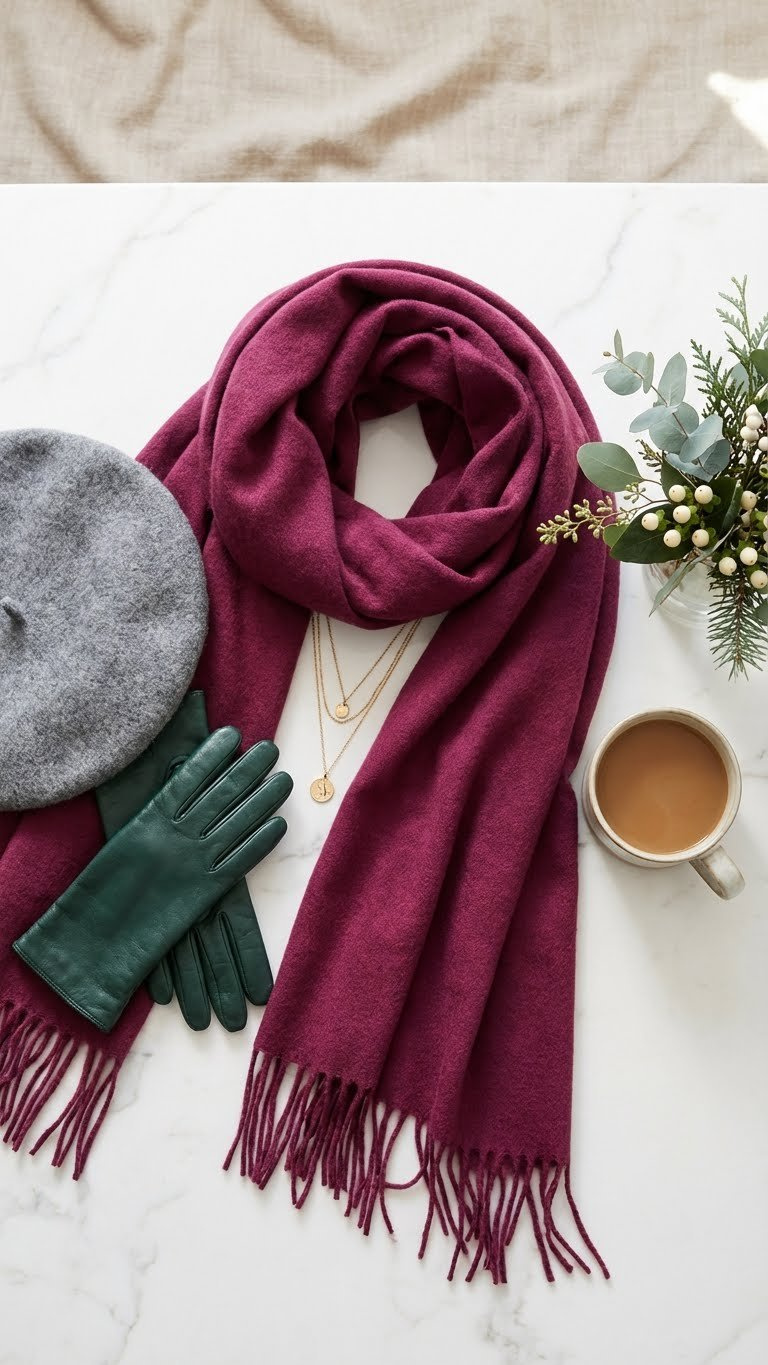 Stylish modest winter accessories including a luxurious cashmere blanket scarf, leather gloves, and a wool beret on a marble surface.