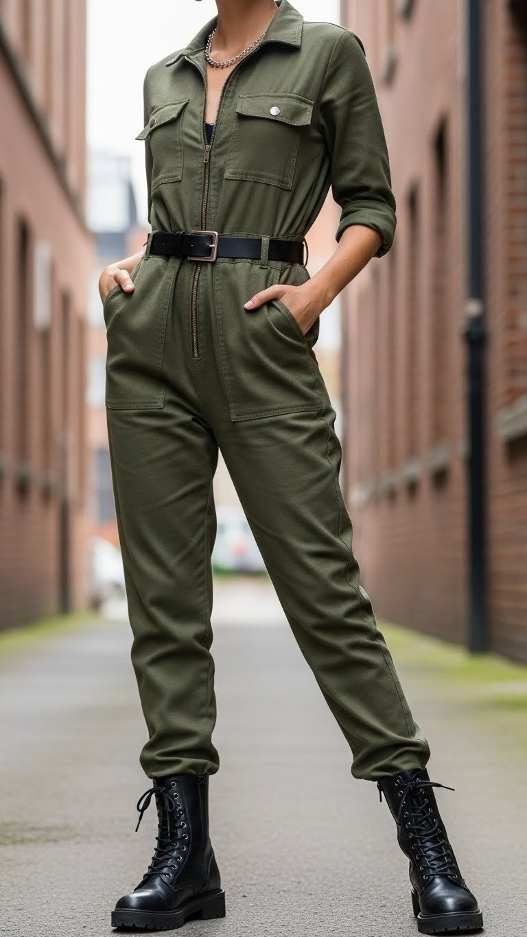 Stylish olive green utilitarian jumpsuit with black combat boots posing against industrial brick wall background