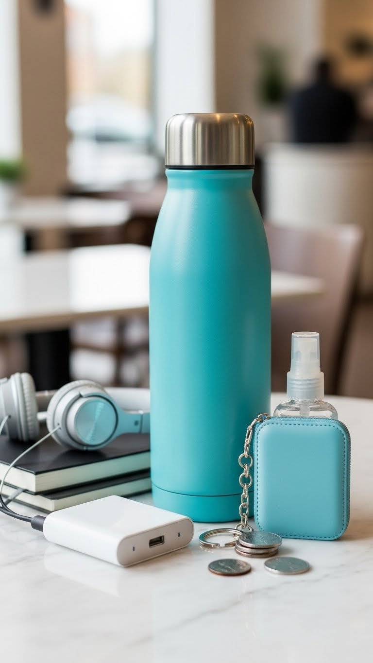 Stylish on-the-go essentials including insulated tumbler and portable charger on marble surface