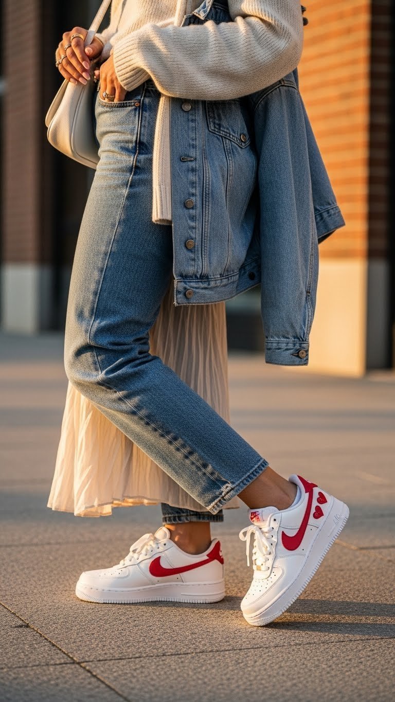 Stylish outfit featuring Nike Air Force 1 Low Valentine's Day sneakers worn with denim in urban city street setting