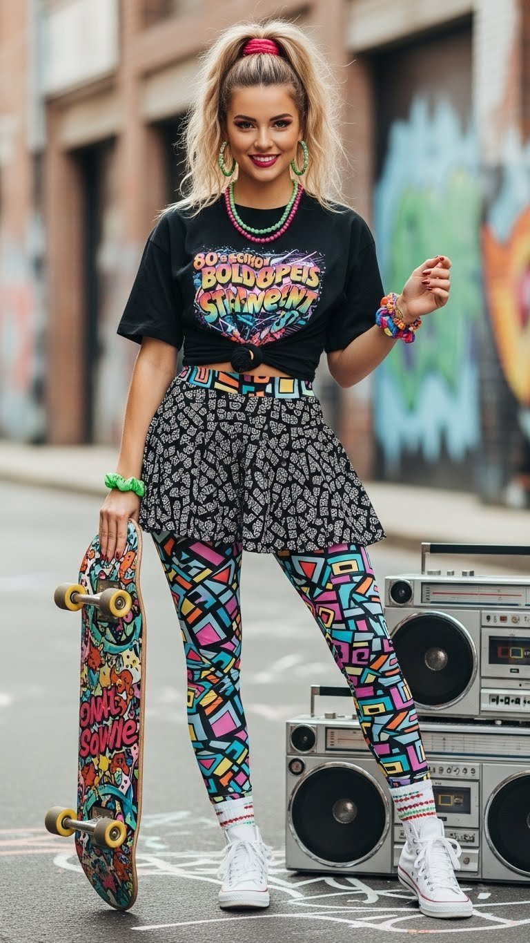 Stylish person in 80s Bold Graphic Statement Valentine's outfit featuring geometric print leggings, colorful scrunchies, and white sneakers against graffiti backdrop