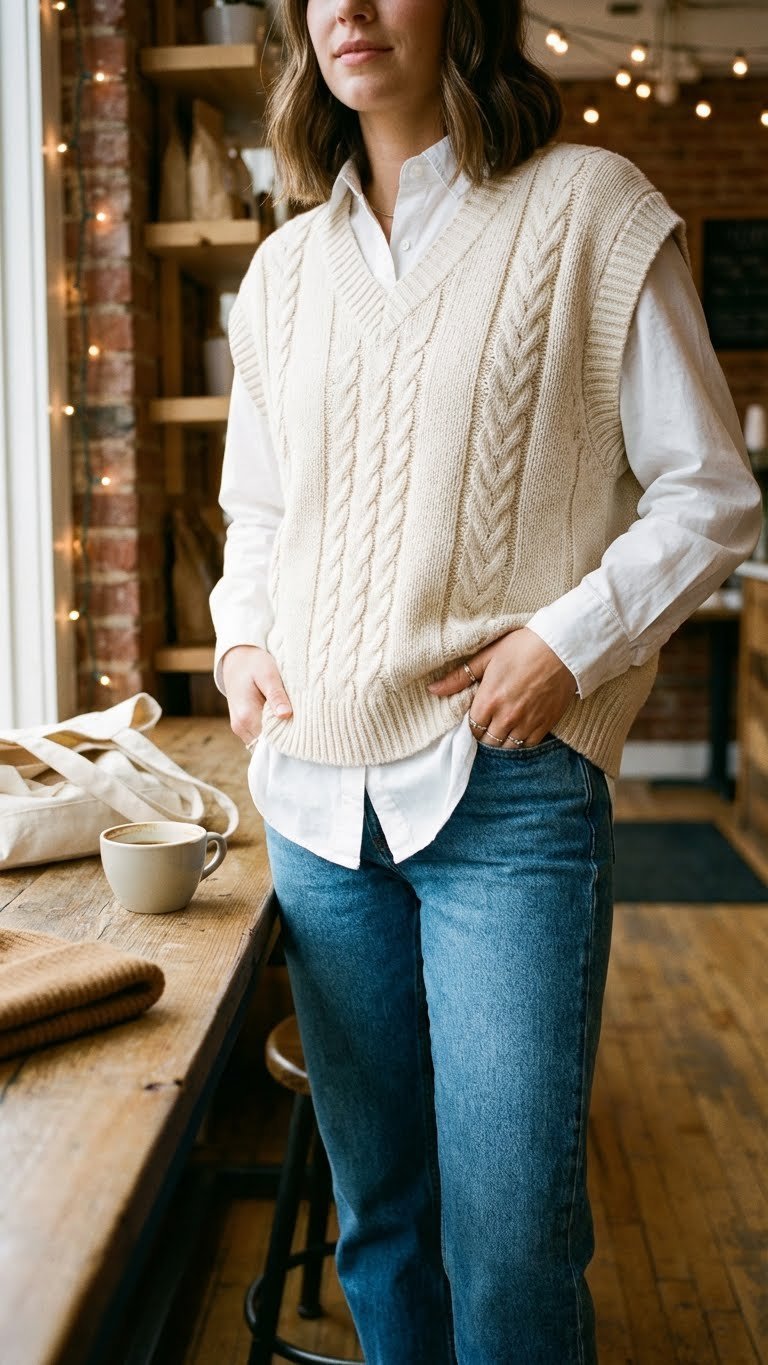 Stylish person in a cream cable knit sweater vest over a white shirt and jeans in a cozy cafe setting.