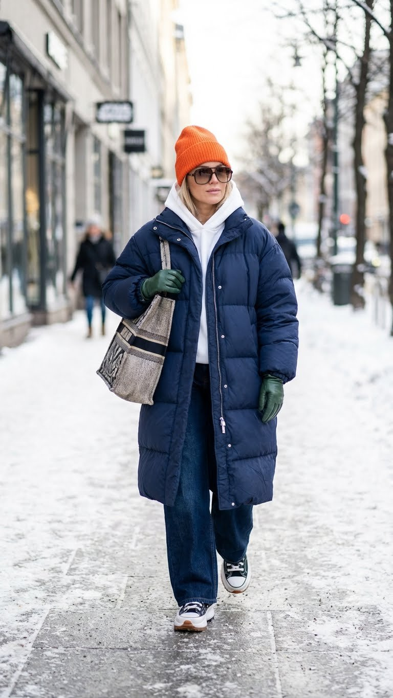 Stylish person in oversized puffer coat, wide-leg jeans, chunky sneakers, and beanie, walking on a city street.