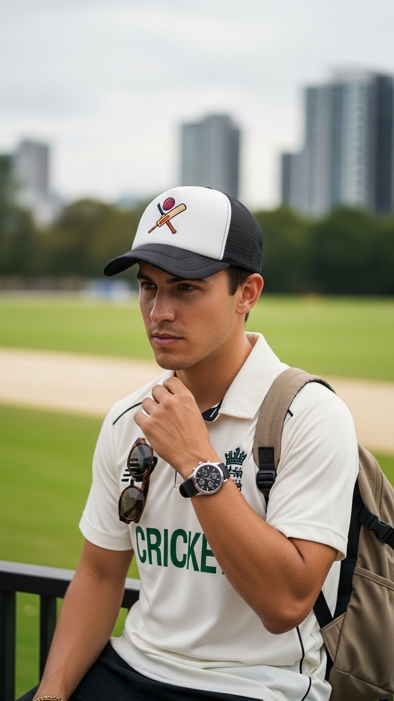 Stylish person wearing cricket team jersey with bat and ball embroidered cap in urban park setting