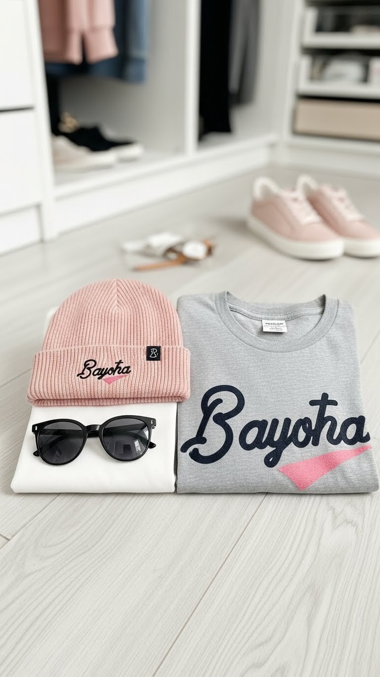 Stylish personalized outfit featuring embroidered beanie and modern sunglasses laid out on clean wooden floor surface.
