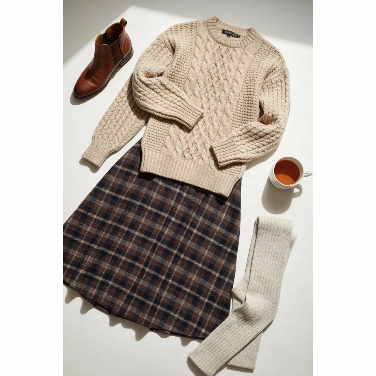 Stylish plaid midi skirt, oversized cable knit sweater, leather ankle boots, wool tights, and tea for a cozy winter church outfit.