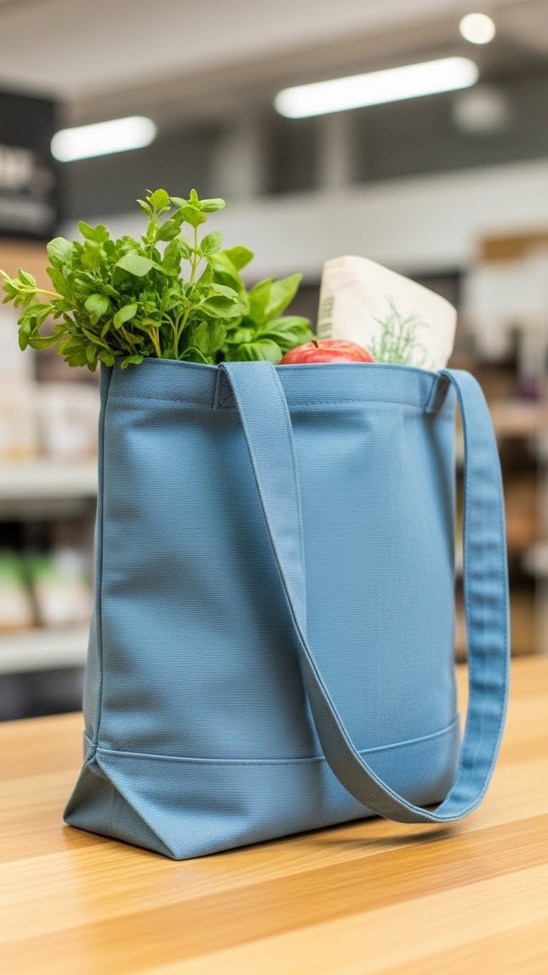Stylish reusable canvas tote bag folded on wooden table with natural earth tones
