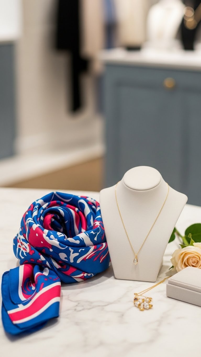 Stylish silk scarf and minimalist necklace artfully draped on marble surface for fashion accessory gift