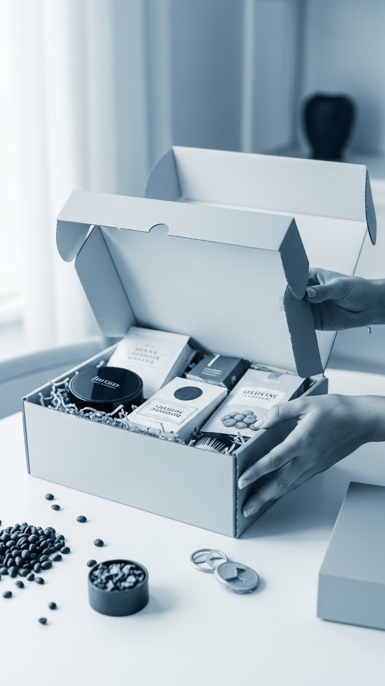 Stylish subscription box being opened to reveal curated items like coffee beans and grooming products.