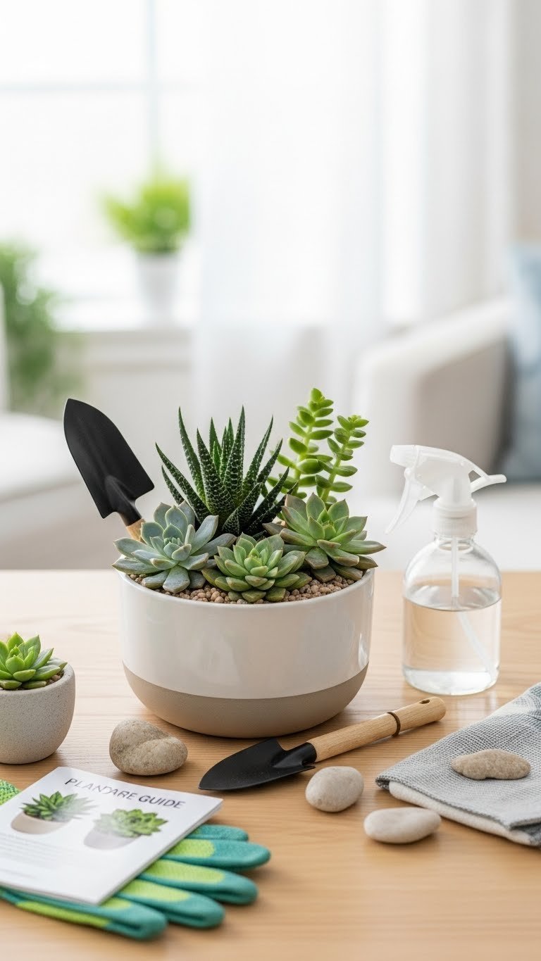 Stylish succulent garden kit in ceramic planter with decorative pebbles and mini tools on wooden tabletop