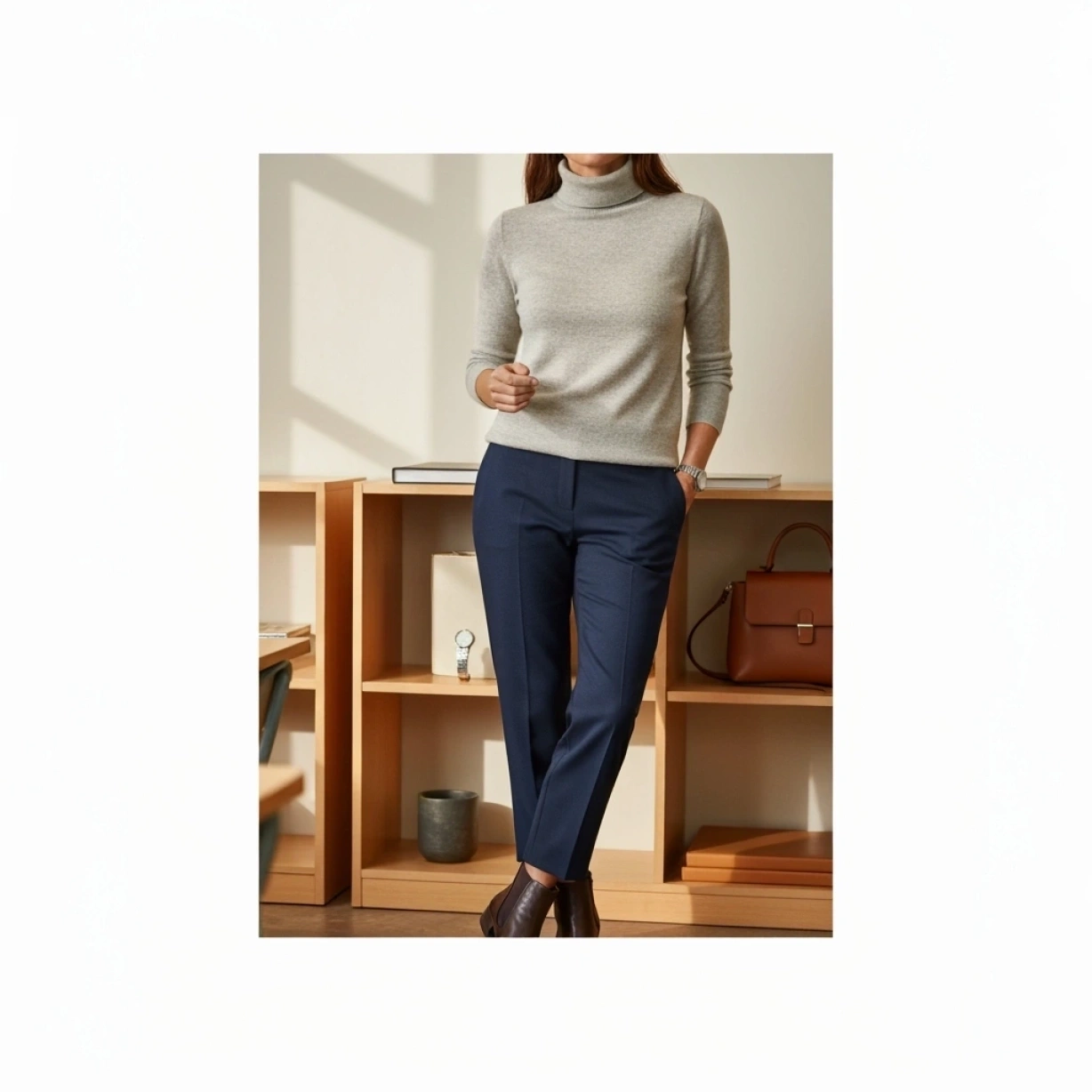 Stylish teacher in light-gray merino wool turtleneck, tailored navy dress pants, dark brown leather ankle booties. Professional cozy workwear.