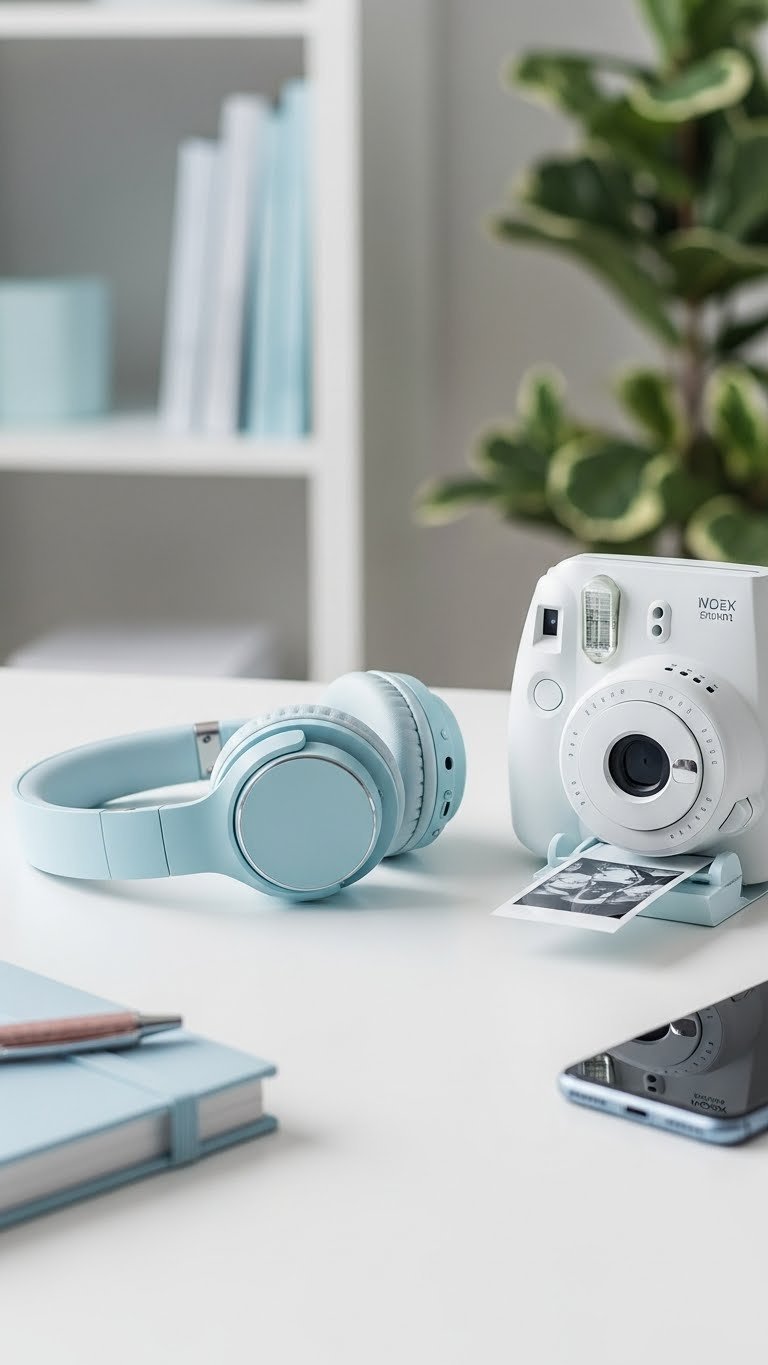 Stylish tech gadgets including wireless headphones and instant camera arranged on minimalist desk with modern aesthetic