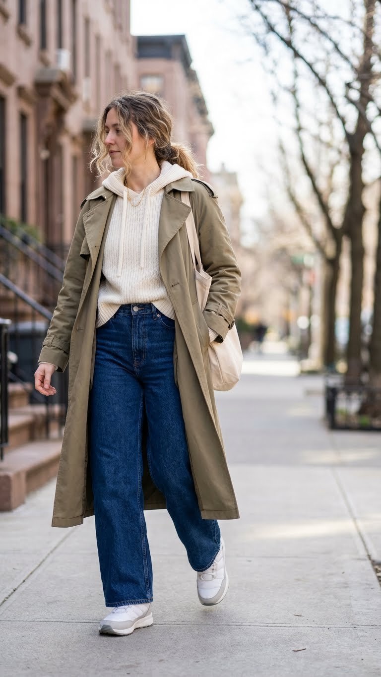 Stylish winter weekend: khaki trench, hoodie, wide-leg jeans, sneakers, canvas tote on a tree-lined street.