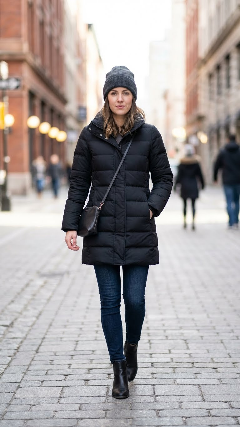 Stylish woman confidently wearing a knee-length black puffer jacket, dark jeans, and ankle boots on a blurred city street.