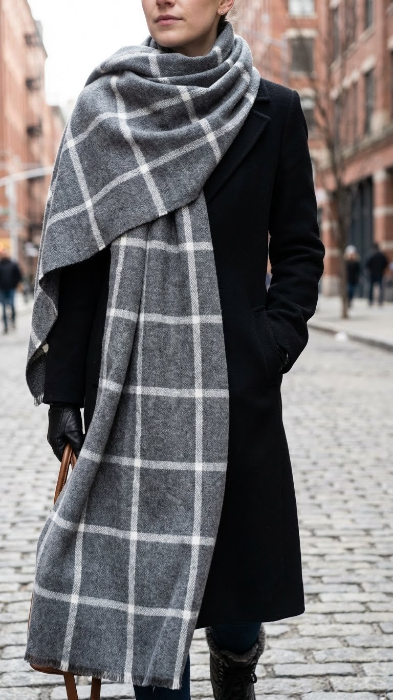 Stylish woman in a grey and white windowpane plaid oversized winter scarf and black wool coat walks on urban pavement. Street style fashion.
