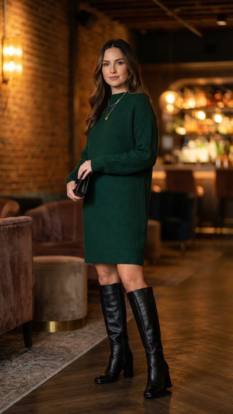 Stylish woman in an elegant dark emerald green ribbed knit sweater dress and sleek black leather knee-high boots in an upscale bar.