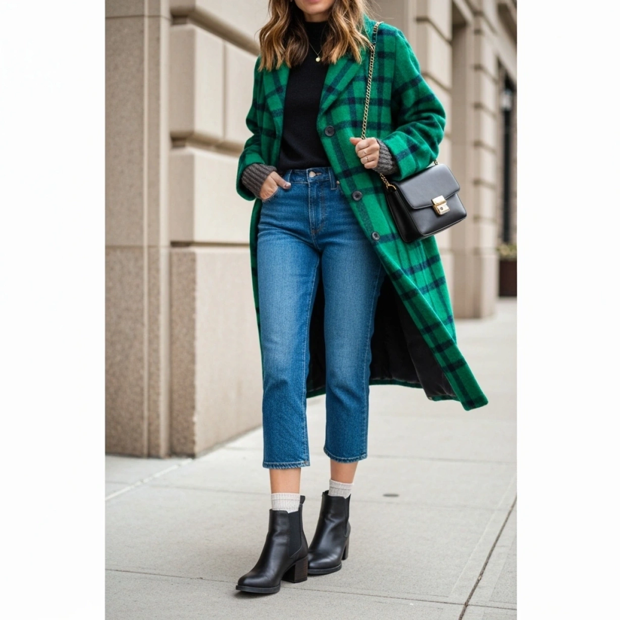 Stylish woman in black ankle boots, cropped denim jeans, and a vibrant statement coat, showcasing casual winter street style.