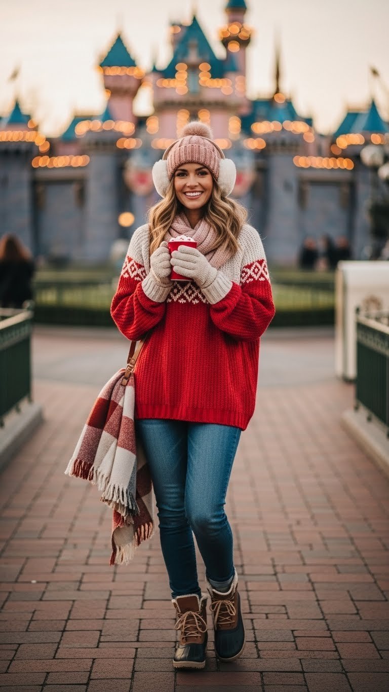 Stylish woman in cozy knit sweater layered outfit for cooler Disneyland Valentine's evening