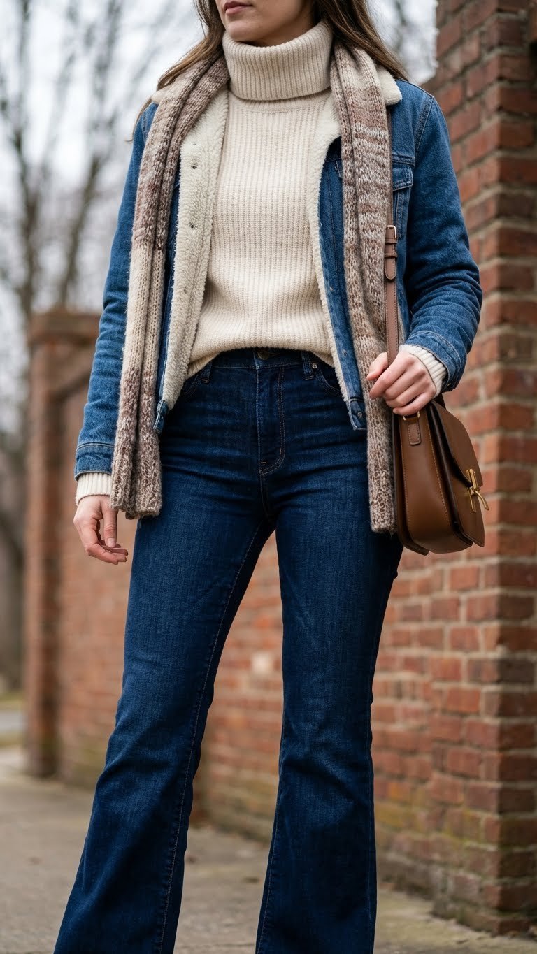 Stylish woman in indigo flared jeans, cream turtleneck, and fleece-lined denim jacket in a rustic outdoor scene.