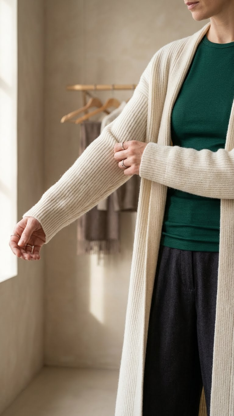 Stylish woman layering an elegant long wool cardigan over a deep jewel tone thermal top for a modest, cozy winter outfit.