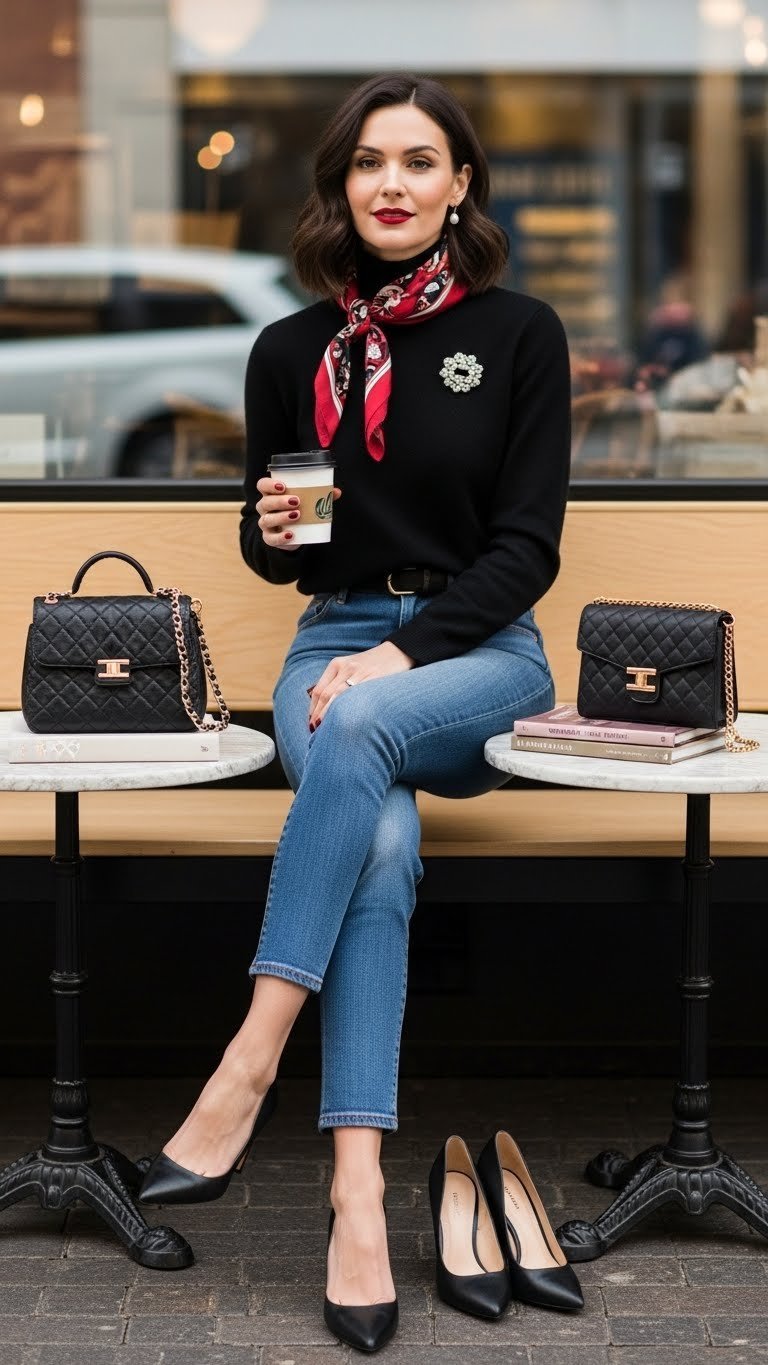 Stylish woman mixing vintage accessories with modern high-waisted jeans outfit in cozy cafe setting