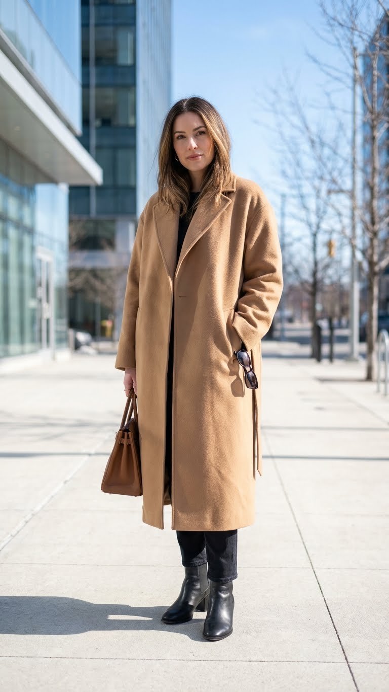 Stylish woman wears a luxurious camel oversized wool coat, sunglasses, handbag, and sleek leather boots on a city street.