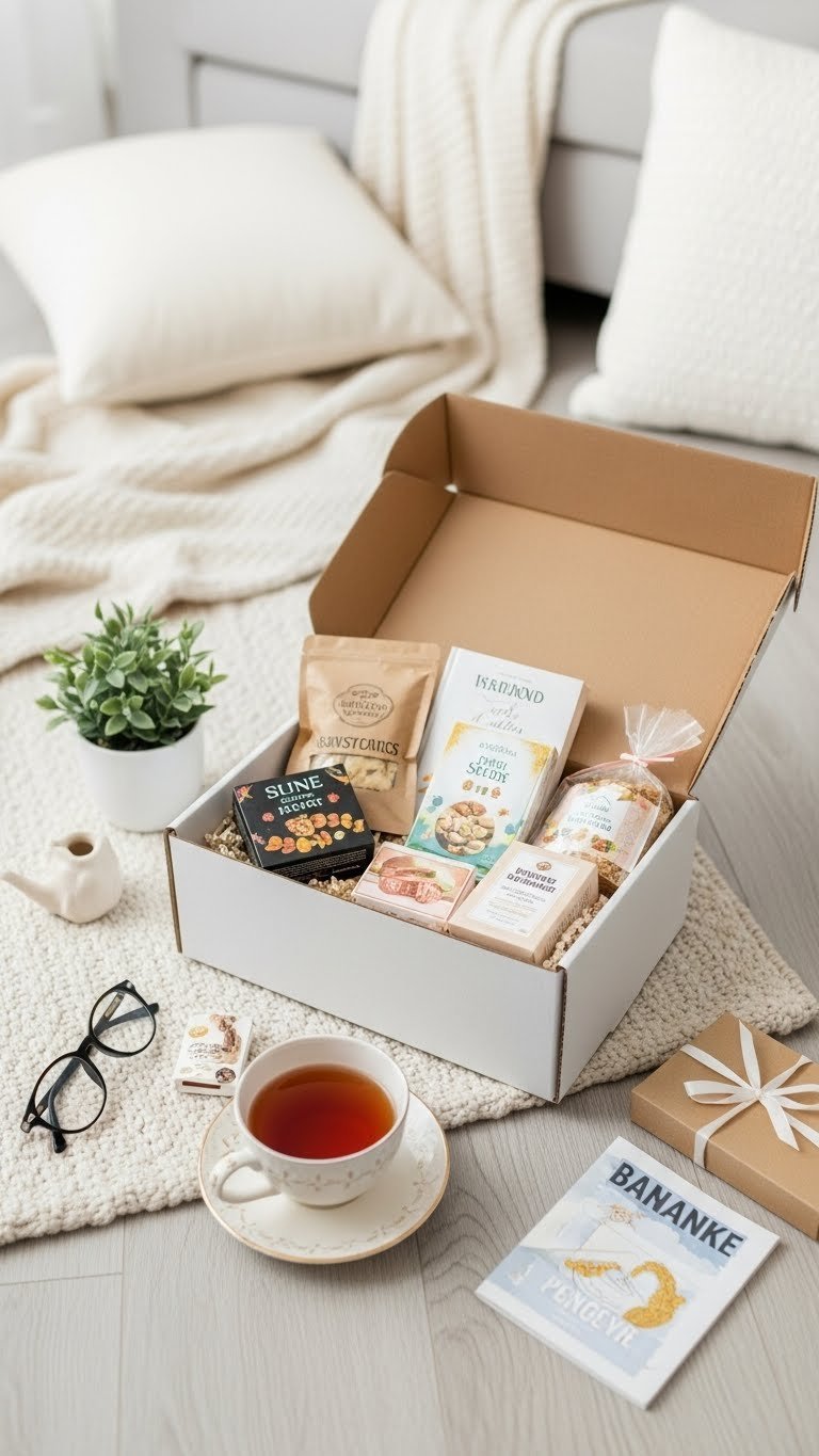 Subscription box overflowing with themed goodies and tissue paper on light wooden floor