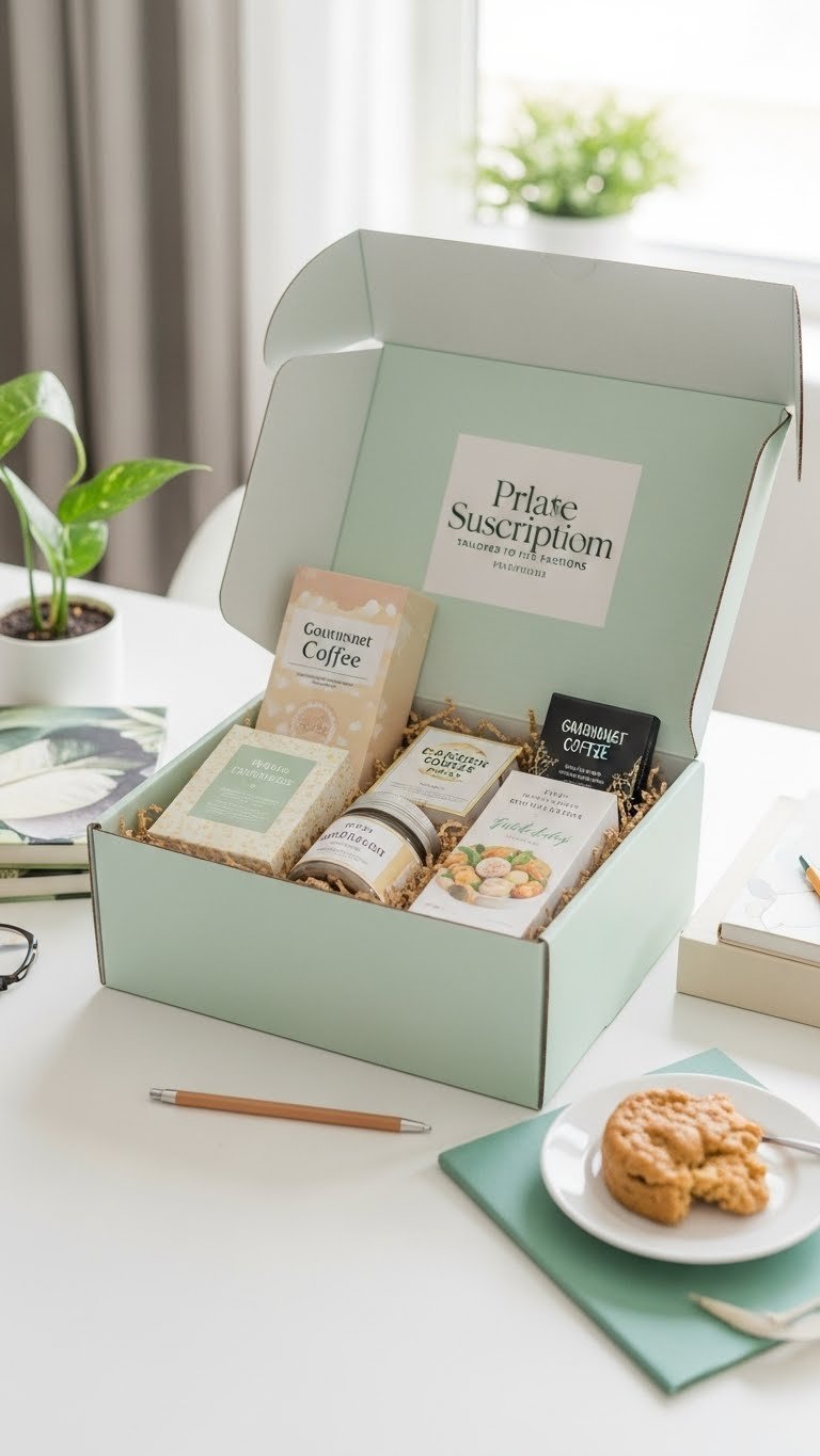 Subscription box spilling curated hobby items like books and crafts on clean minimalist white table