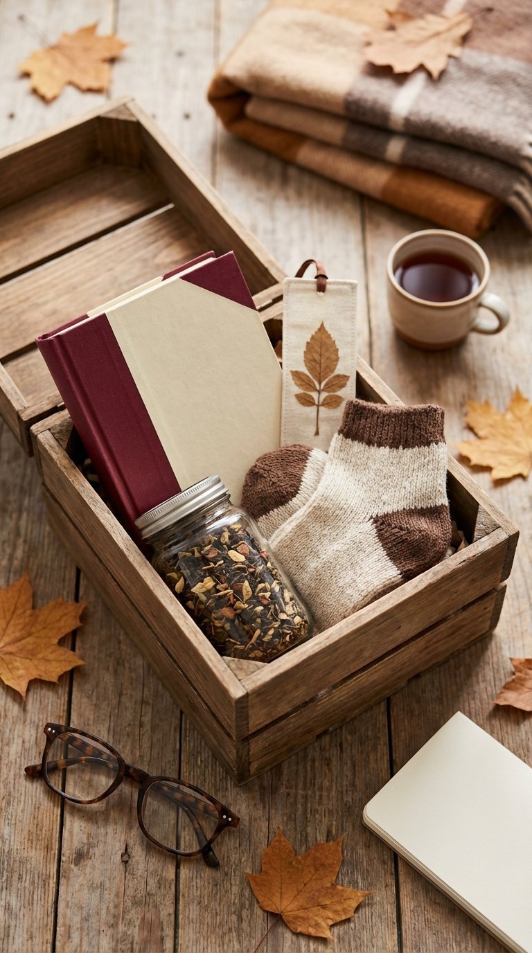 Subscription box with hardcover book, gourmet tea, reading socks, and bookmark arranged on rustic table