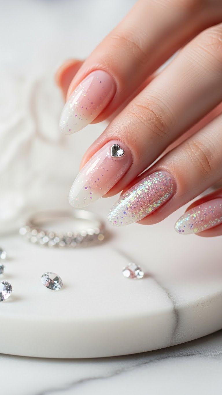 Subtle Valentine's Day junk nails with sheer pink glitter base and silver heart gem on marble surface