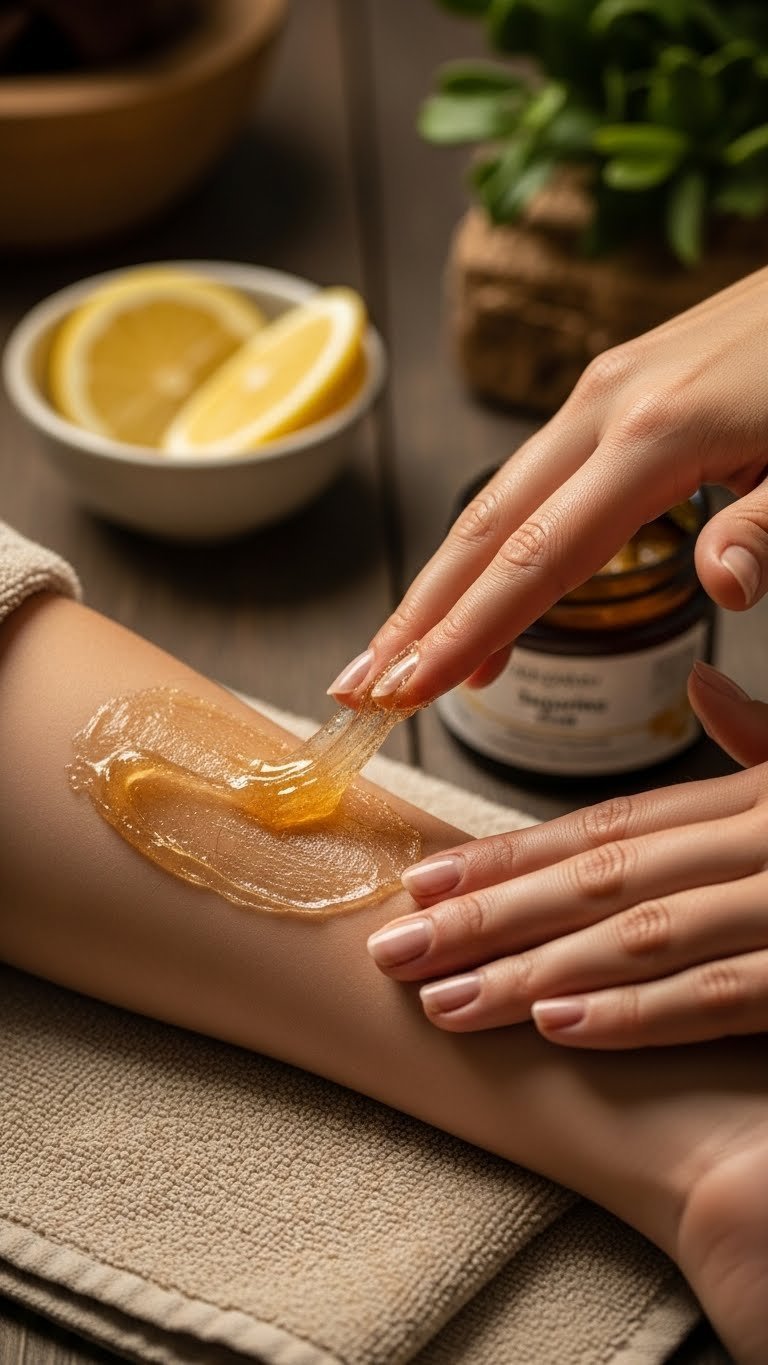 Sugaring hair removal technique with golden-brown sugar paste applied to arm against natural linen