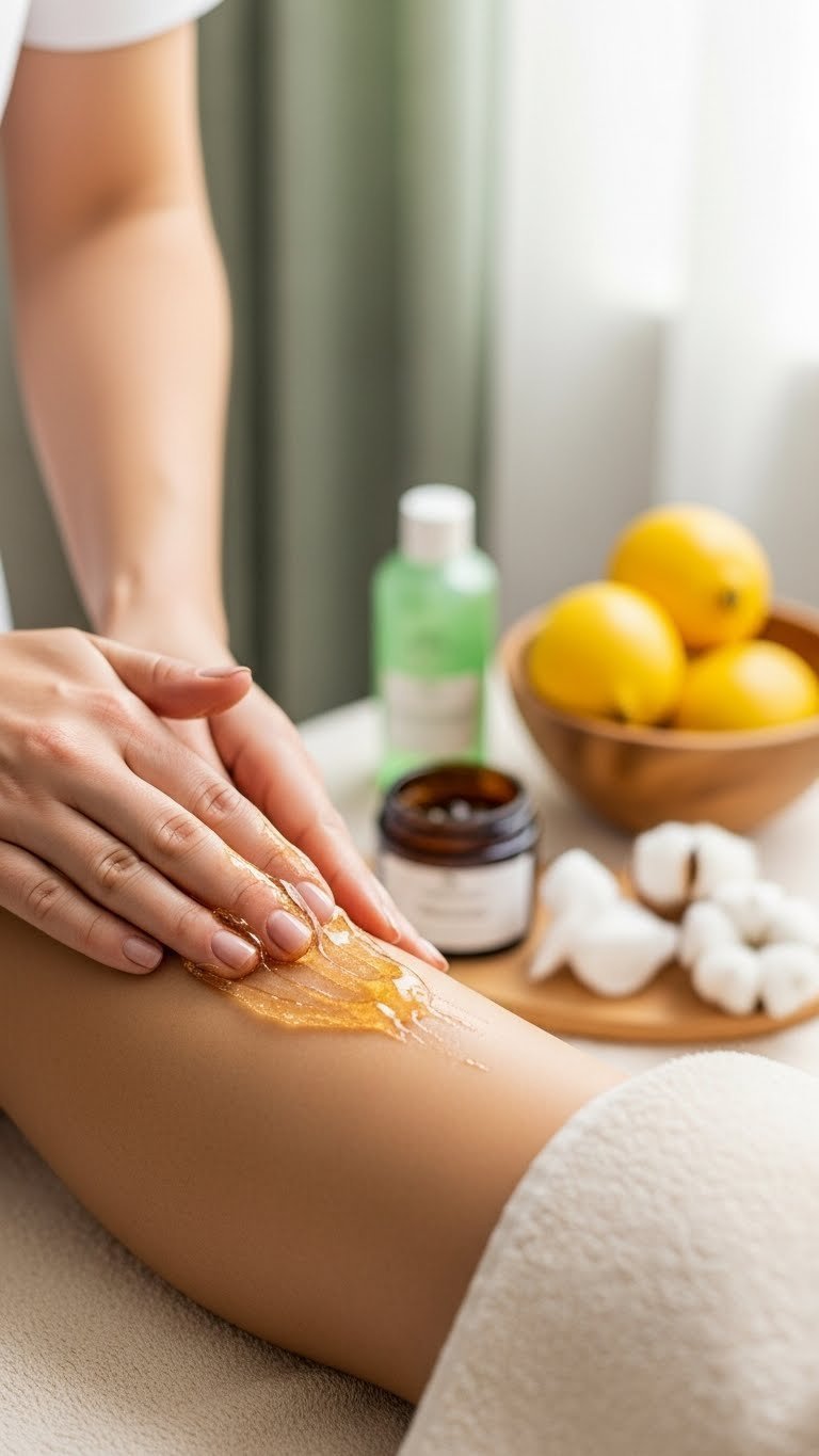 Sugaring session with amber sugar paste applied to sensitive skin in spa treatment setting