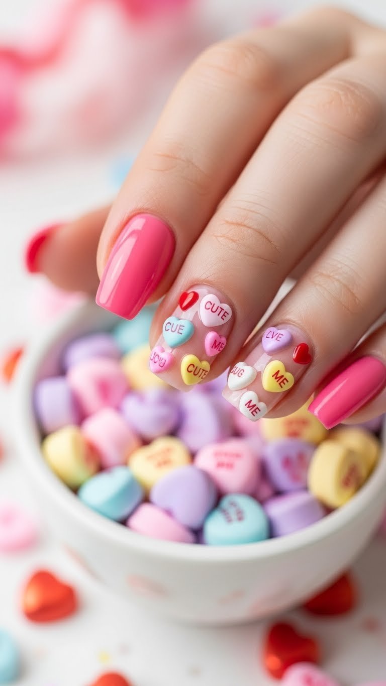 Sweet Valentine's Day junk nails with pastel candy heart embellishments featuring love words on pink base
