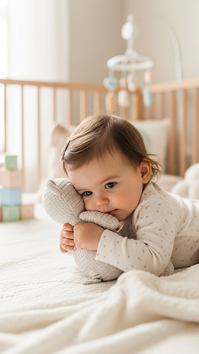 Sweet baby girl cuddling soft plush doll in cozy nursery for emotional development and imaginative play
