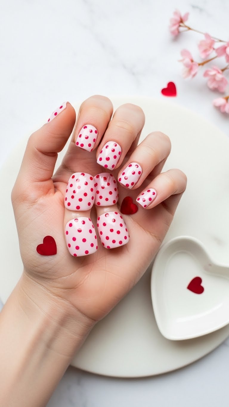 Sweet polka dot square nails on white marble slab with scattered red confetti hearts