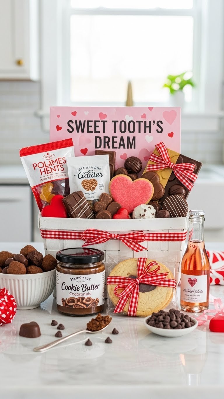 Sweet tooth's dream basket overflowing with gourmet chocolates, artisan candies, heart cookies, and dessert wine