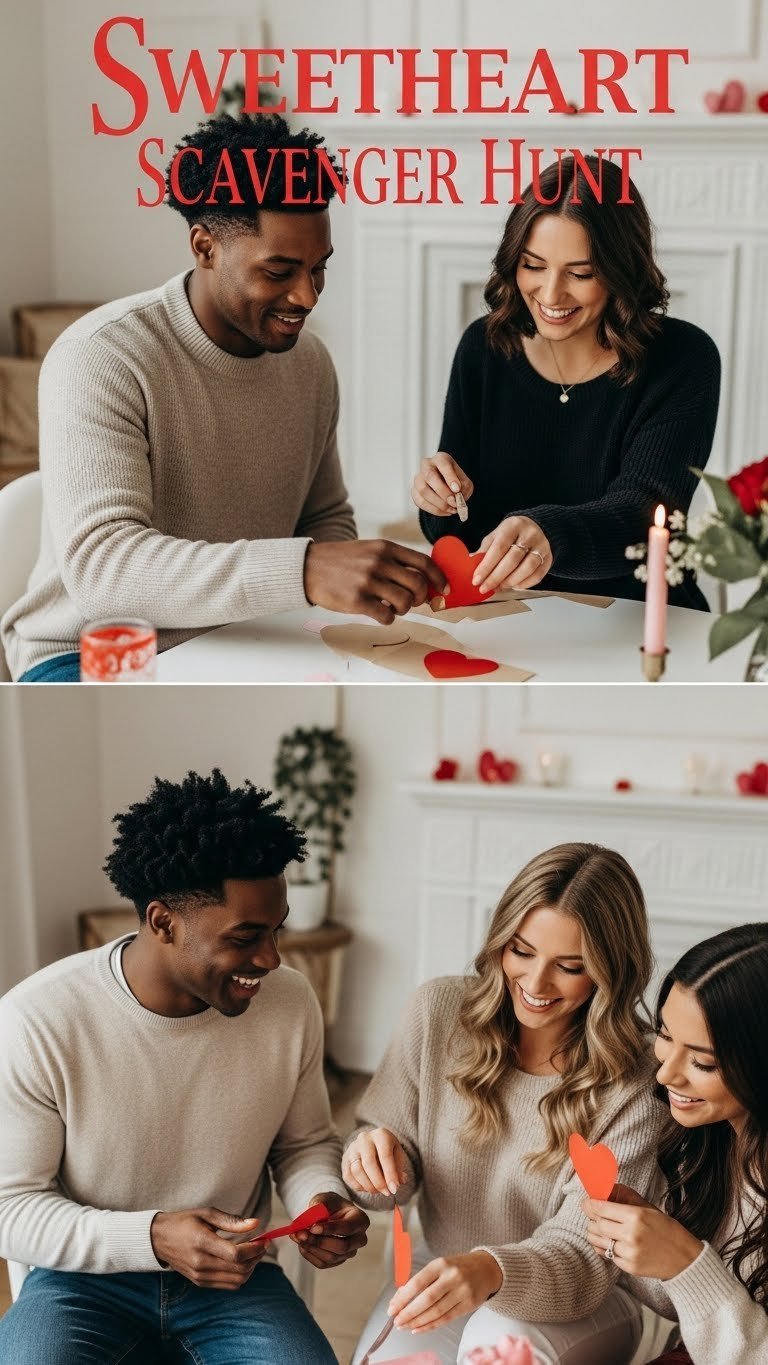 Sweetheart scavenger hunt adventure with couple searching for heart-shaped clues and romantic decorations