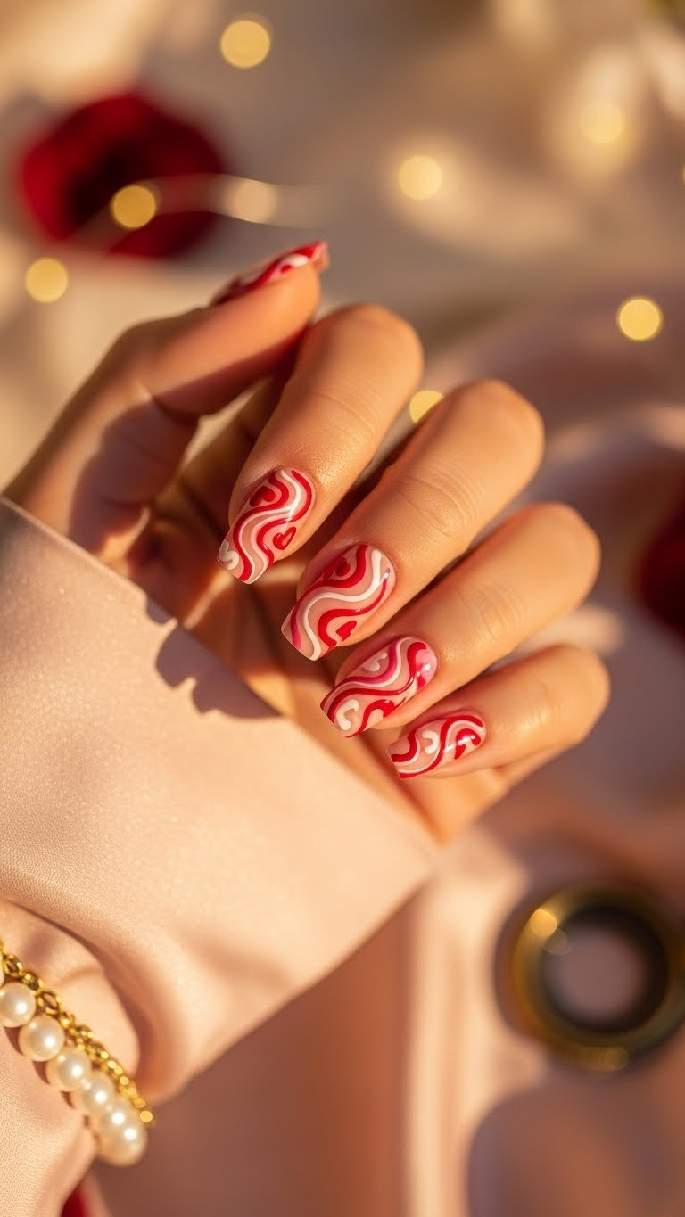 Sweetheart swirl nails with abstract intertwined designs forming hearts in Valentine's colors on silk fabric