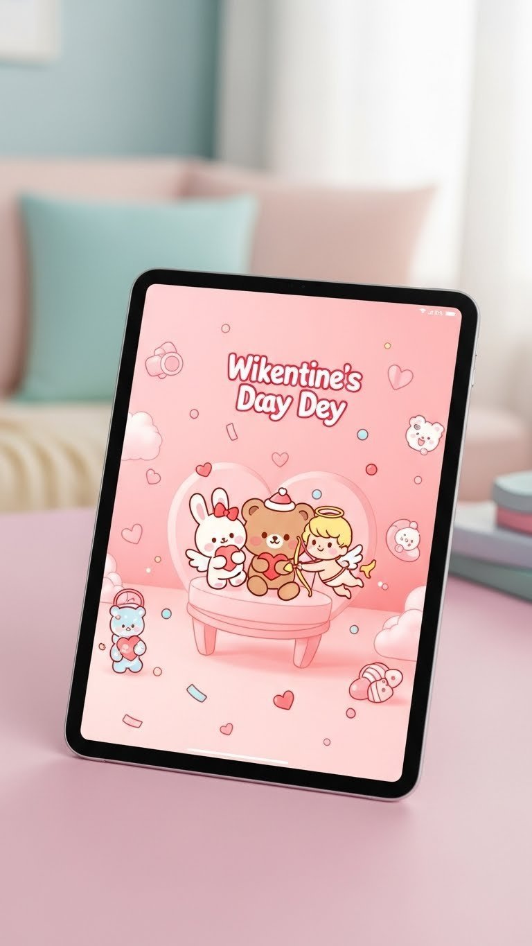 Tablet displaying cute cartoon character Valentine's Day virtual background on pastel surface with bright daylight