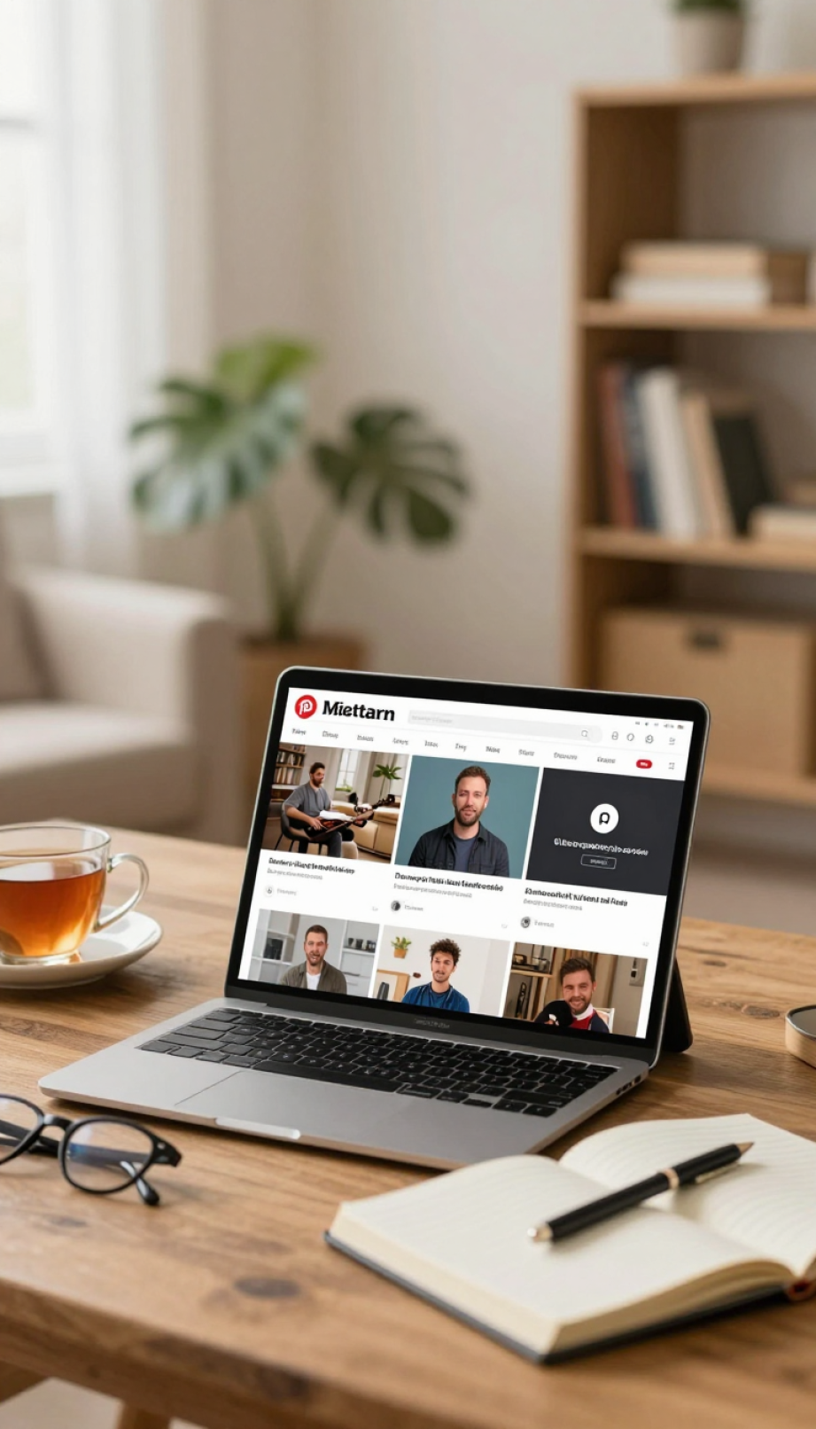 Tablet displaying online masterclass with notebook and pen on rustic wooden table in cozy study