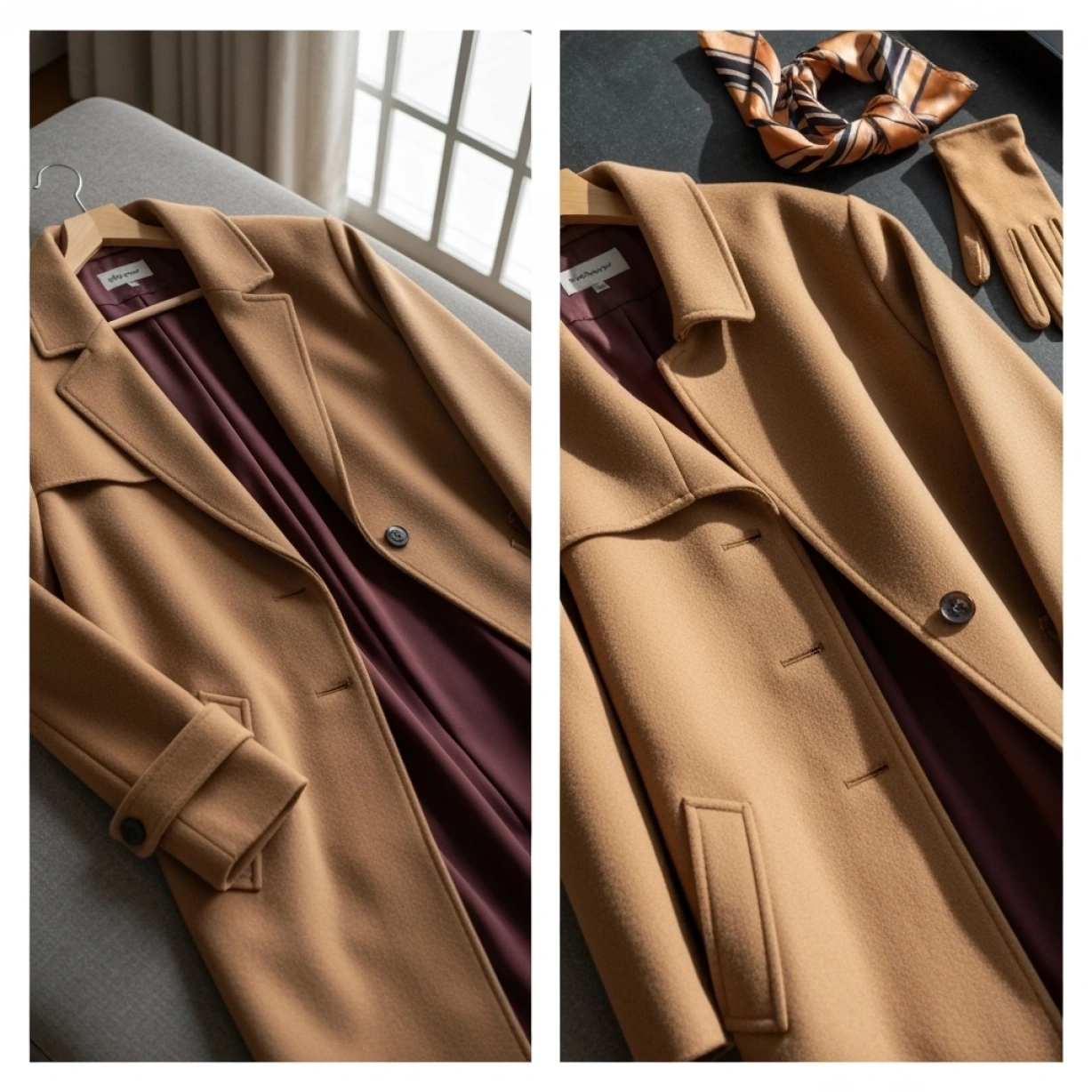 Tailored camel wool trench coat, matching gloves, and a simple silk scarf for essential elegant winter church wear.