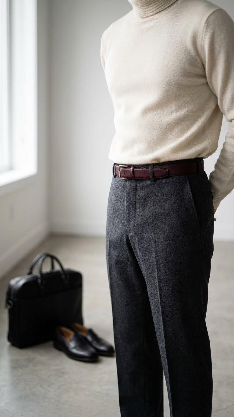 Tailored charcoal gray wool trousers, ivory cashmere roll neck sweater, and burgundy leather belt for an elegant winter work outfit.