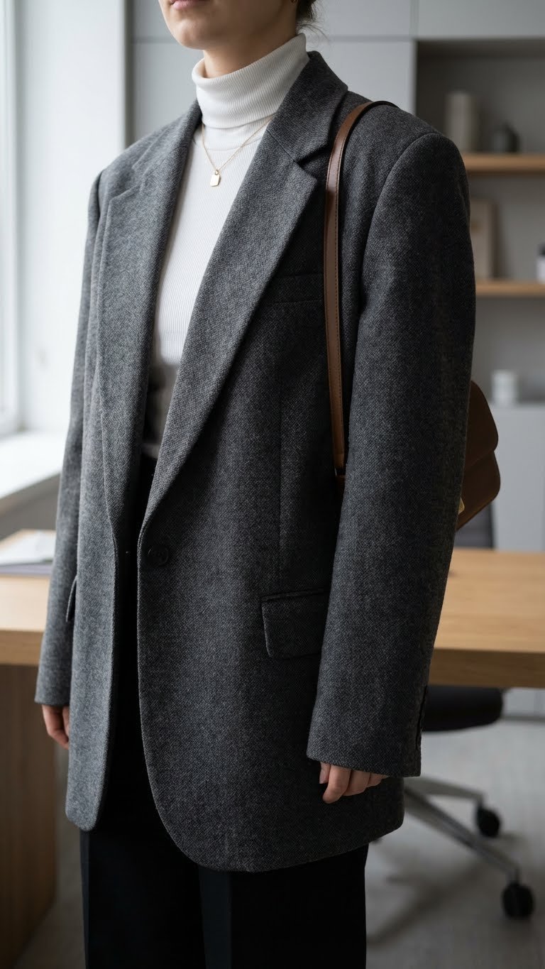 Tailored charcoal wool blazer over white turtleneck, showcasing sharp lines and textural contrast for elegant winter fashion.