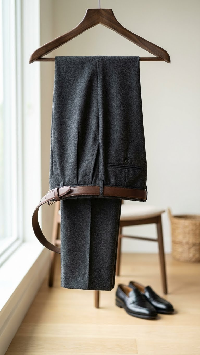 Tailored charcoal wool trousers, showcasing crisp pleats and luxurious texture, elegantly draped on a hanger for sophisticated style.