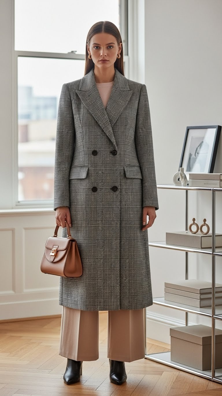 Tailored gray double-breasted long coat, high-waisted trousers, heeled boots. Professional workwear outfit, office setting.