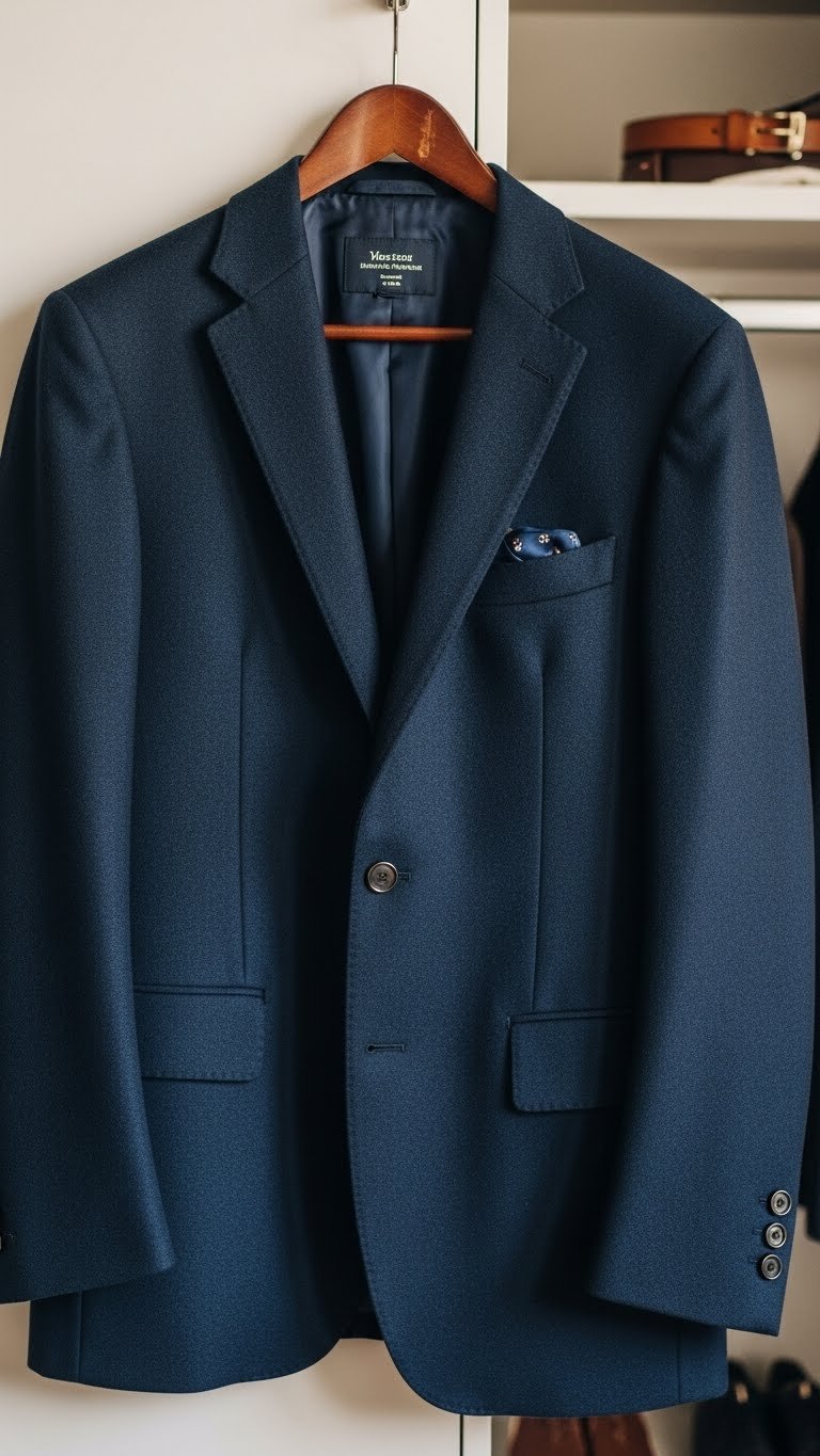 Tailored navy merino wool blazer draped on wooden hanger against minimalist closet background